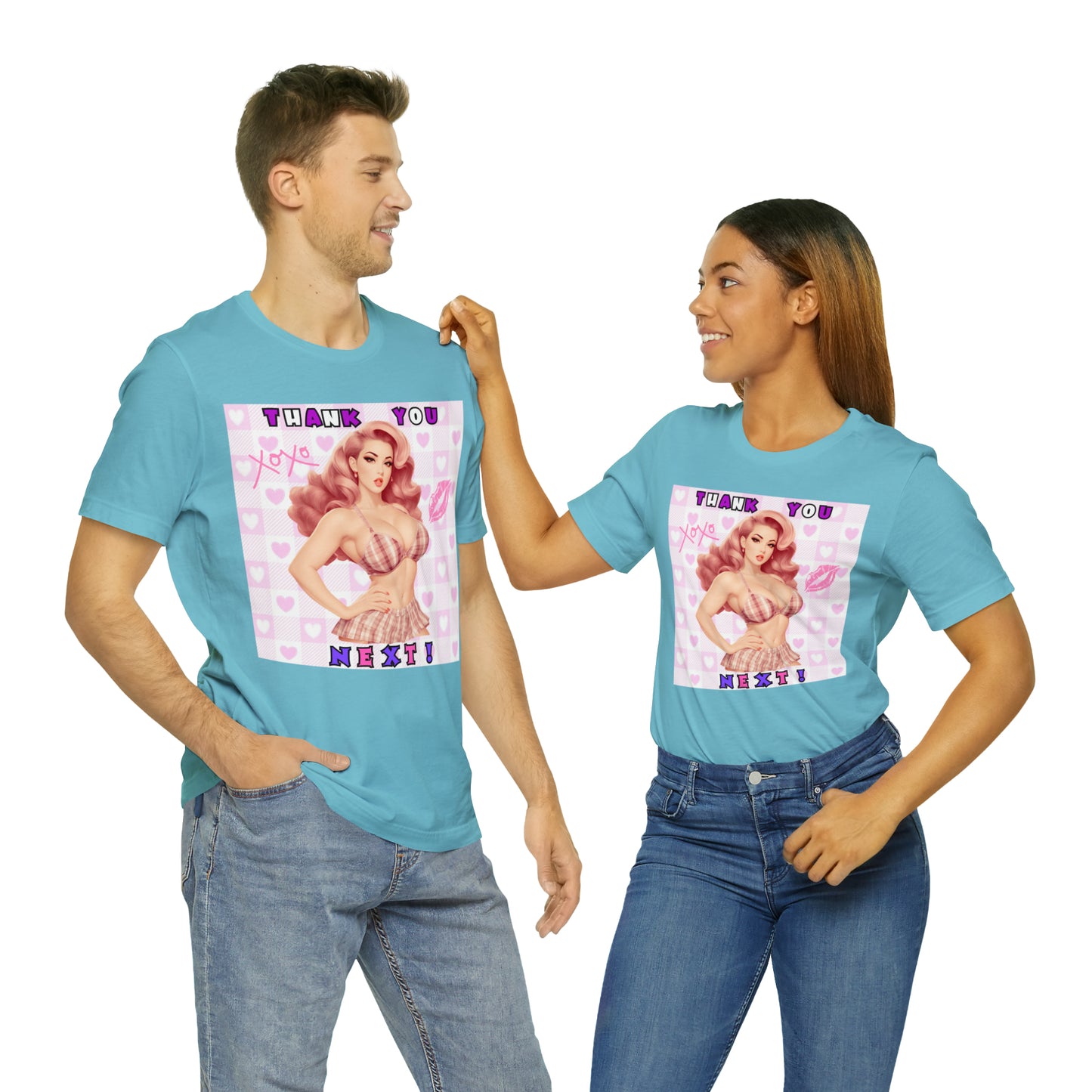 Timeless Elegance: Vintage Pink Pinup Girl "Thank You Next" on a Bella+Canva 3001 Unisex Jersey T-Shirt - A Must-Have Gift for her