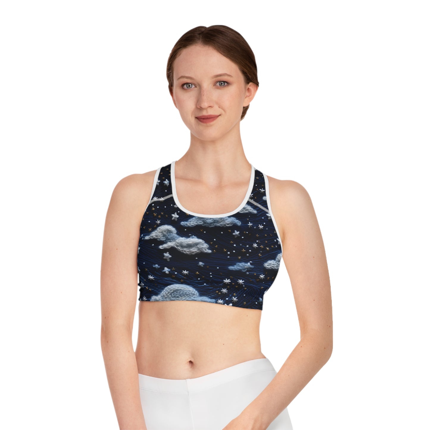 Faux Embroidered Night Sky Women's Sports Bra Stellar Style and Comfort Sports Bra (AOP)