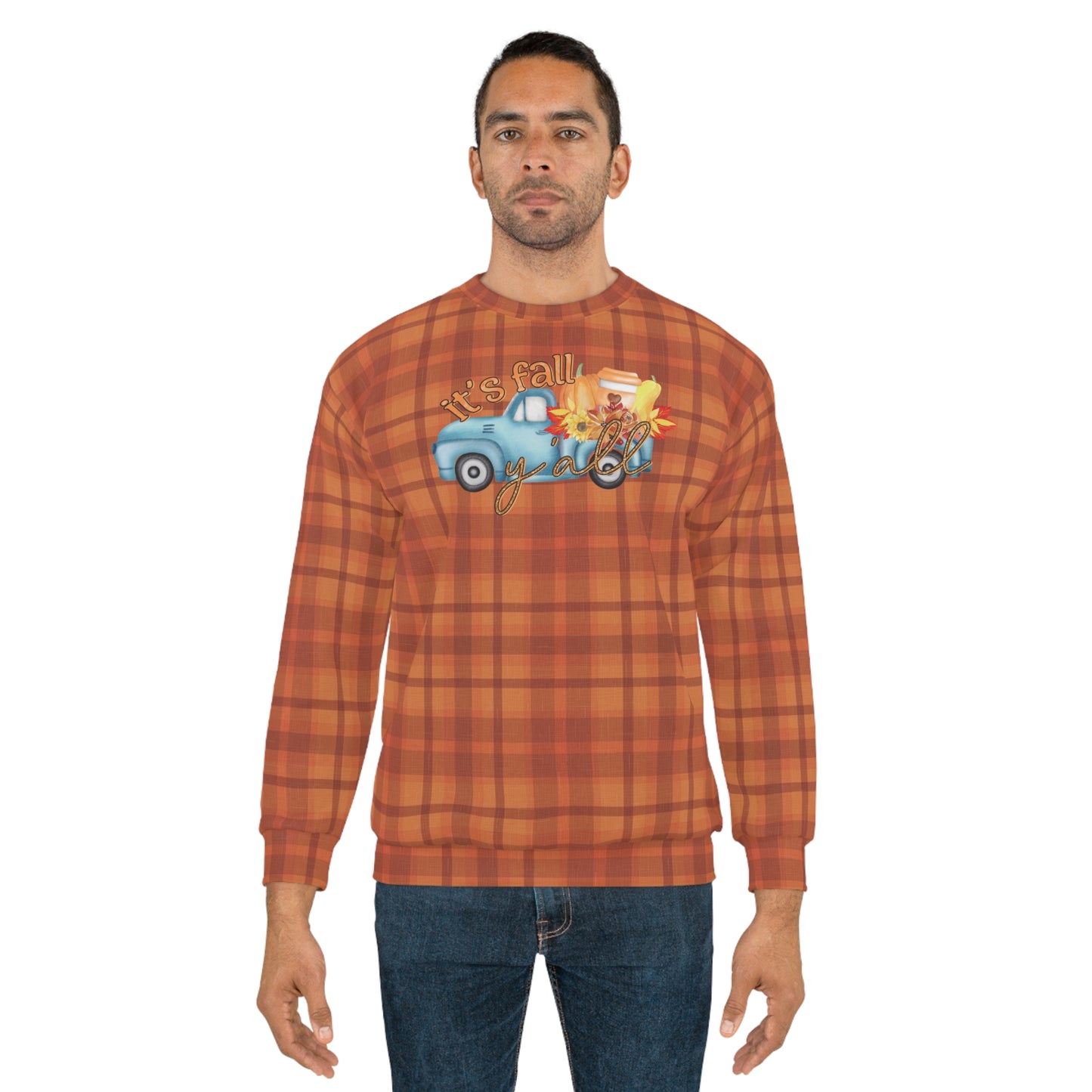 Vintage Blue Truck and Plaid Pattern Fall Unisex Sweatshirt (AOP) - Celebrate the Season in Style