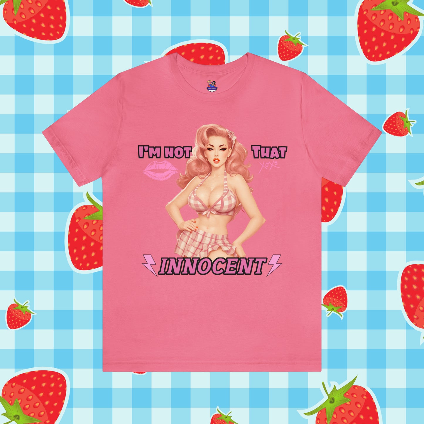 Sarcastic Vintage Pink Pinup Girl "I'm not That Innocent" on a Bella+Canva 3001 Unisex Jersey T-Shirt - A Must-Have Gift for her