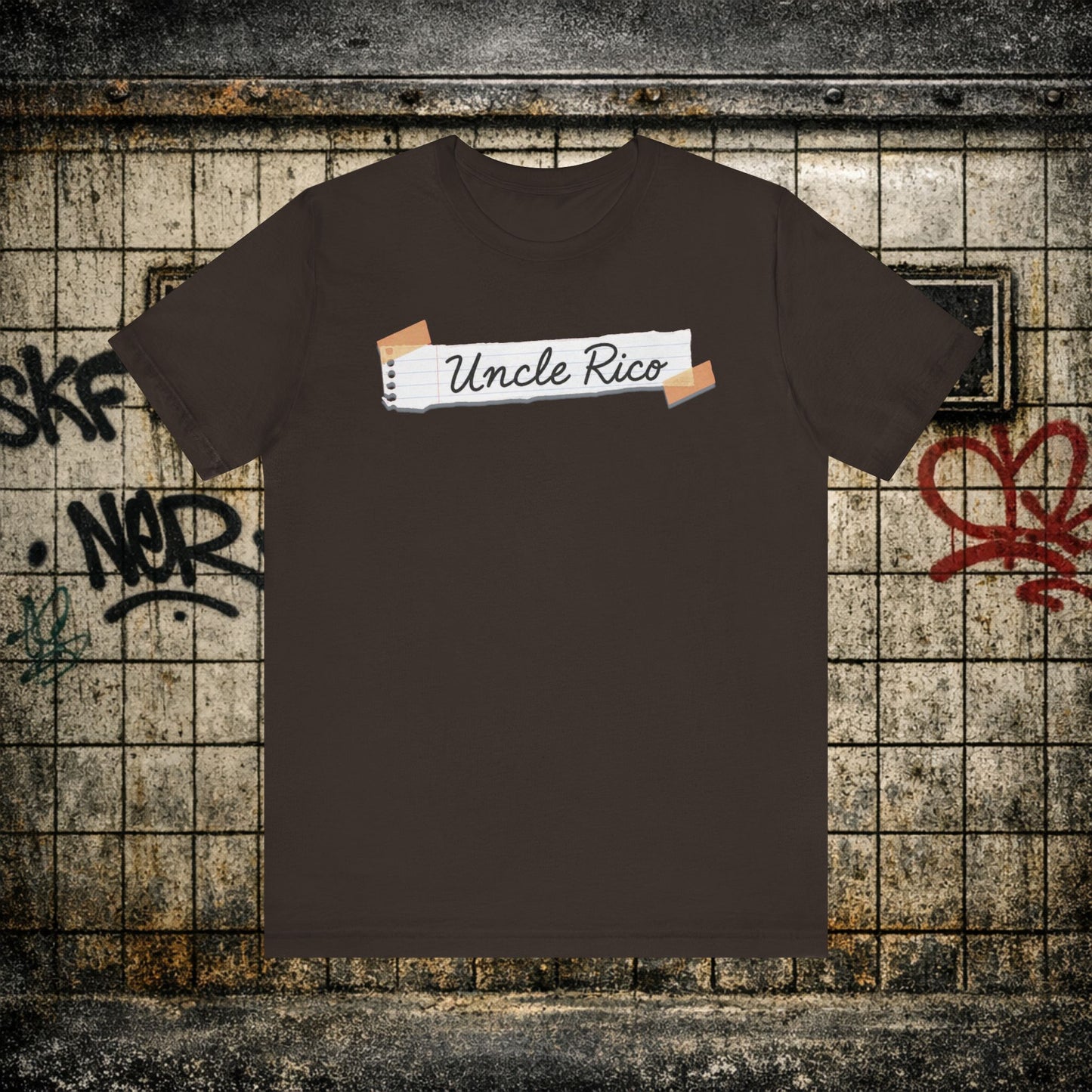 Uncle Rico Graphic Tee — Retro Notebook Tape Design