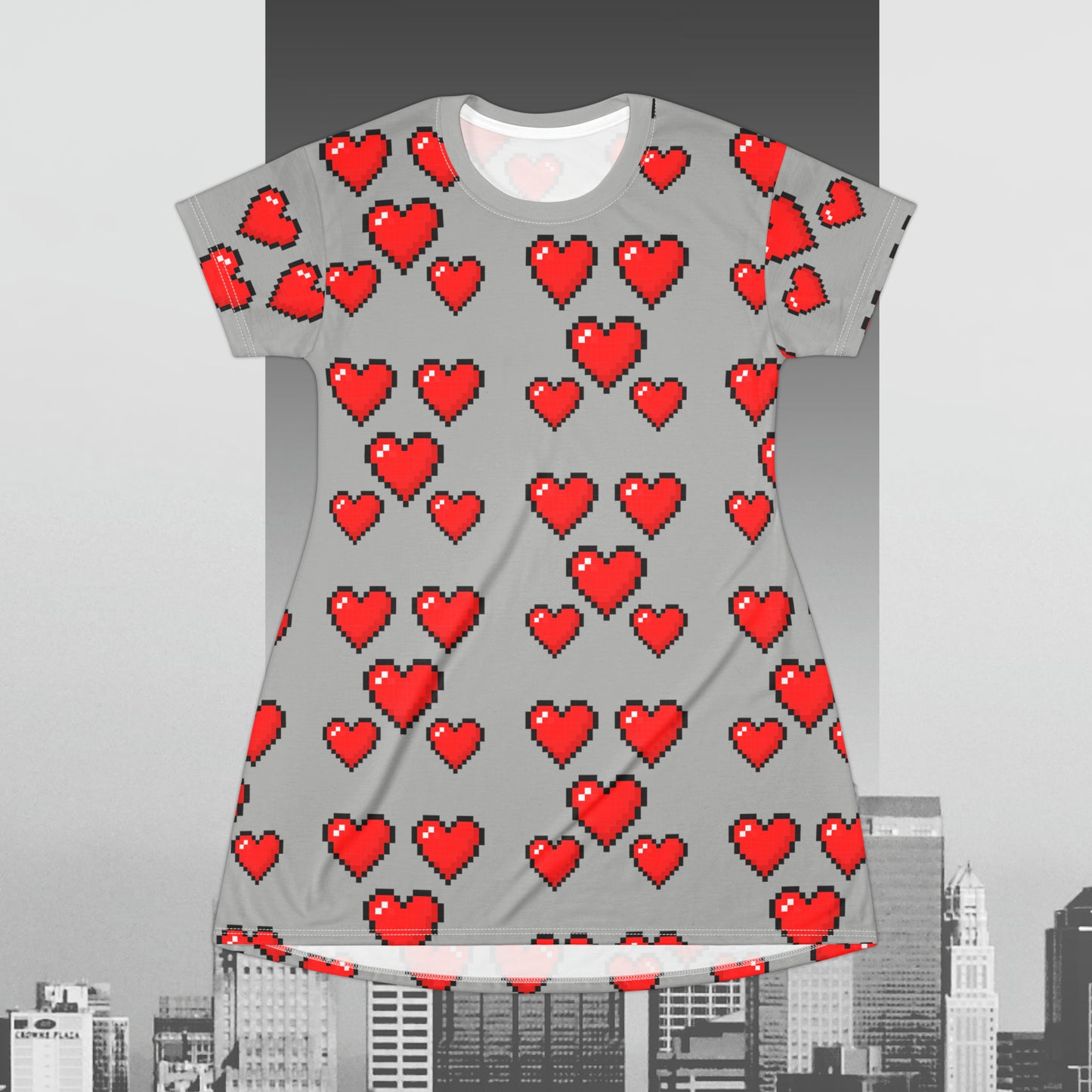 8 bit Heart Dress in Light Grey T-Shirt Dress (AOP)