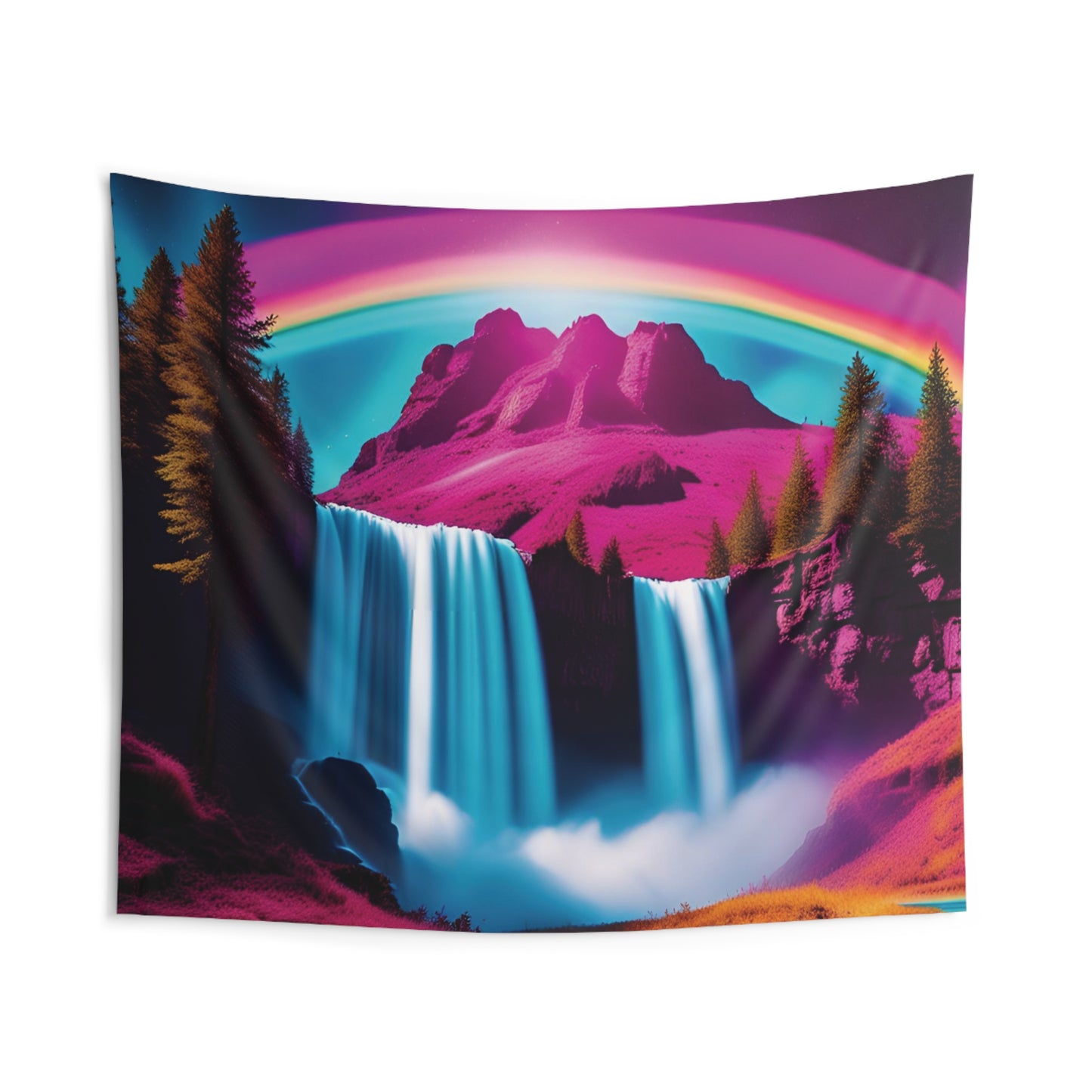 Step into an Electrifying Oasis: Retrowave Waterfall Tapestry