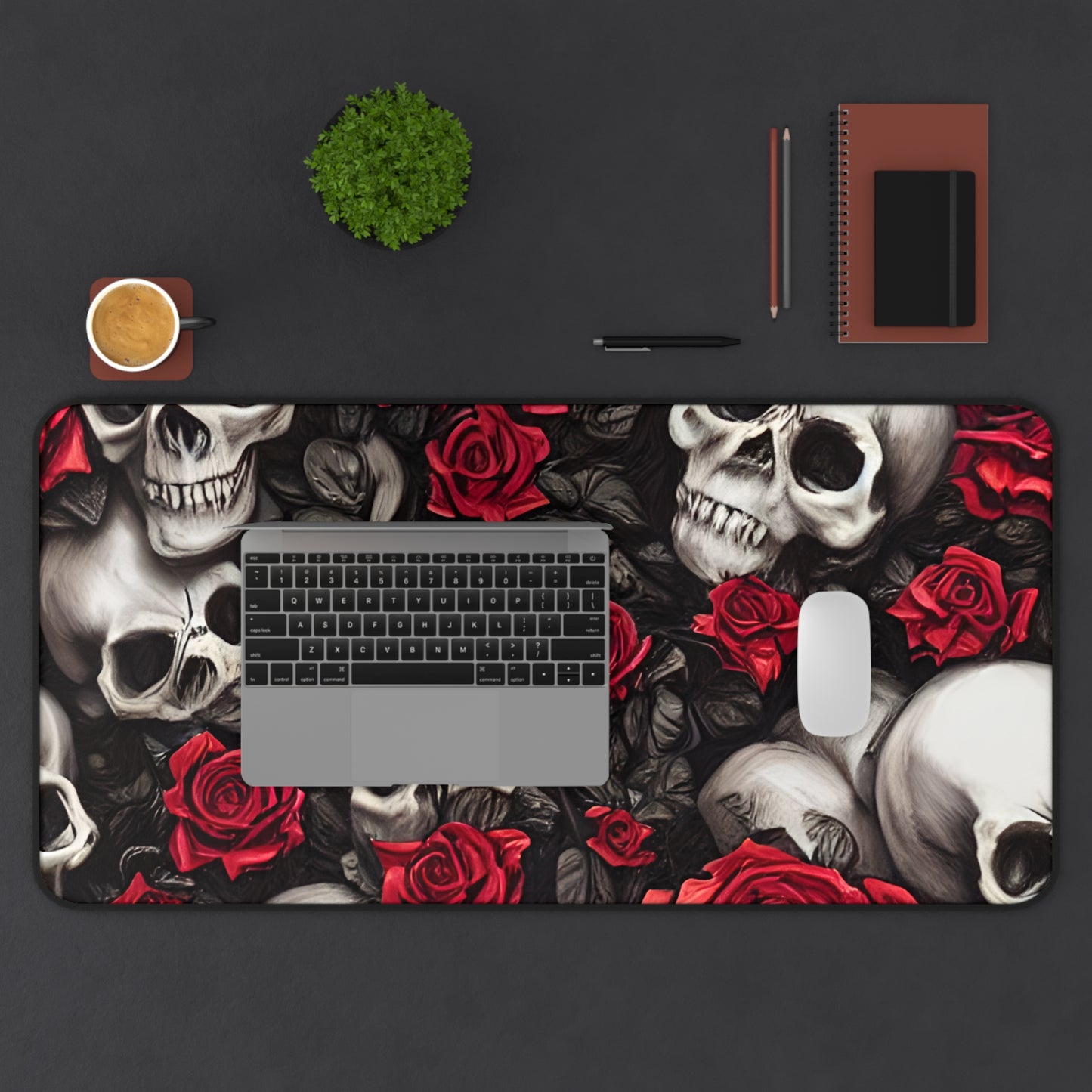 Hyper Realistic Skulls and Red Roses by artist Anne-Laure Goupil Desk Mat