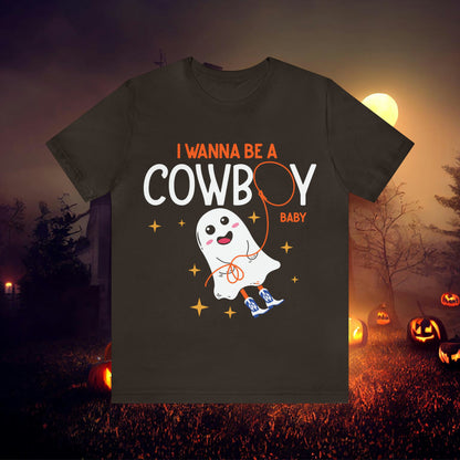 Little Ghost Saying I wanna be a cowboy baby Retro Groovy Western Halloween Unisex Jersey Short Sleeve Tee Gifts for Him Gifts for her.