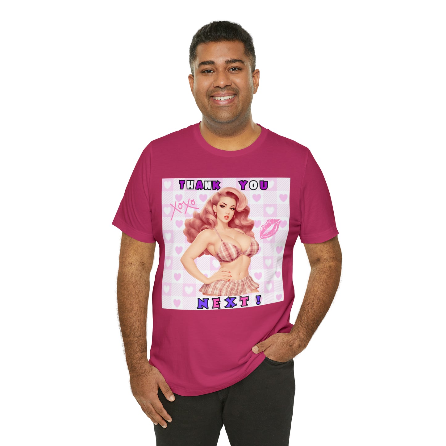 Timeless Elegance: Vintage Pink Pinup Girl "Thank You Next" on a Bella+Canva 3001 Unisex Jersey T-Shirt - A Must-Have Gift for her