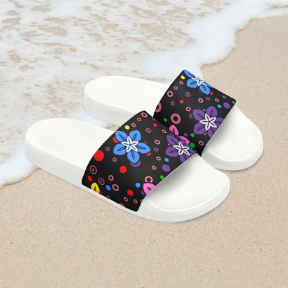 Good Times Good Vibes Feeling Groovy Retro Colorful Flowers Women's PU Slide Sandals