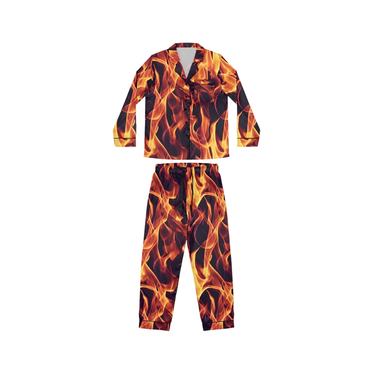 Women's Satin Pajamas with Orange Flame All Over Print (AOP) - Luxurious Comfort in a Fiery Design