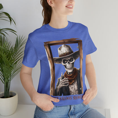 Spooky Saloon Showdown Gunslinging Skeleton Cowboy Halloween Unisex Jersey Short Sleeve Tee