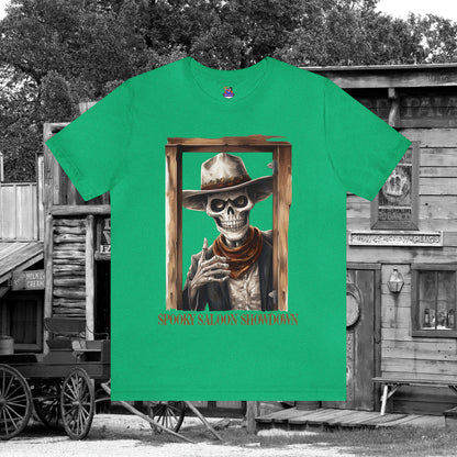 Spooky Saloon Showdown Gunslinging Skeleton Cowboy Halloween Unisex Jersey Short Sleeve Tee