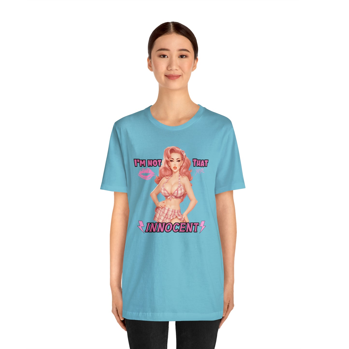 Timeless Elegance: Vintage Pink Pinup Girl "I'm not that Innocent on a Bella+Canva 3001 Unisex Jersey T-Shirt - A Must-Have Gift for her