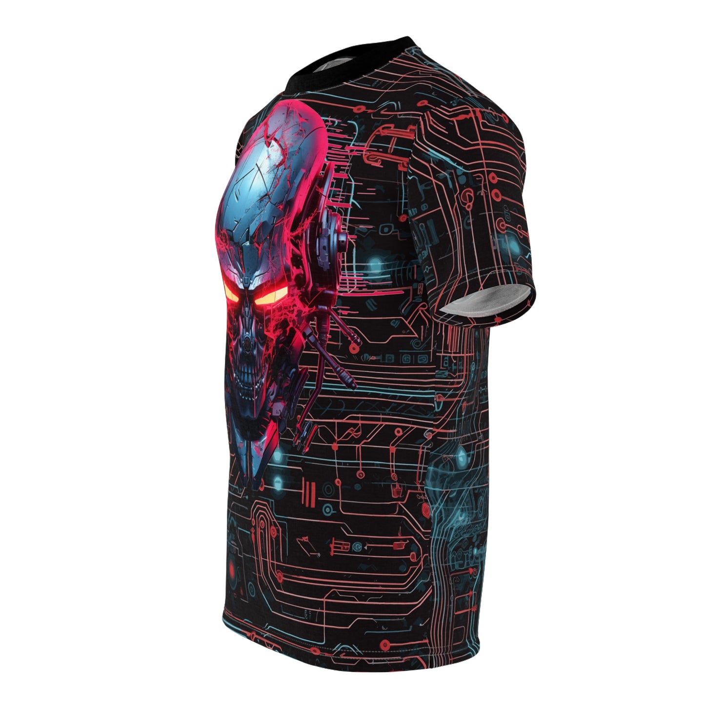 CyberPunk Cybernetic Skull breaking through a Red and Blue Neon Circuit Board Unisex Cut & Sew Tee (AOP)