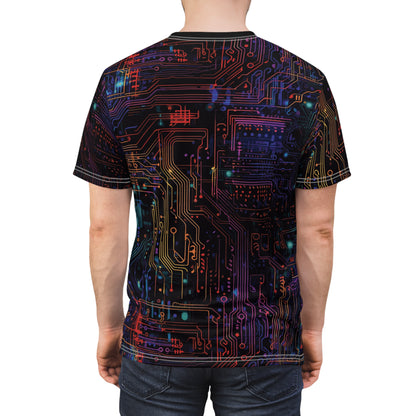 CyberPunk Futuristic Cybernetic Skull With Glowing Blue and Red Eyes breaking through a Neon Circuit Board Unisex Cut & Sew Tee (AOP)