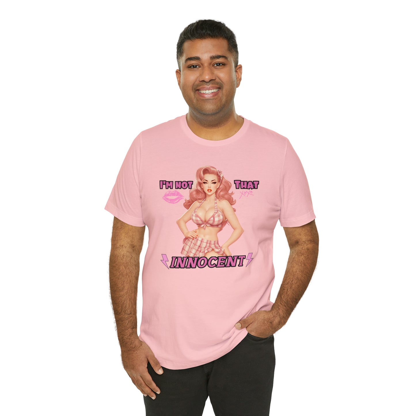 Timeless Elegance: Vintage Pink Pinup Girl "I'm not that Innocent on a Bella+Canva 3001 Unisex Jersey T-Shirt - A Must-Have Gift for her