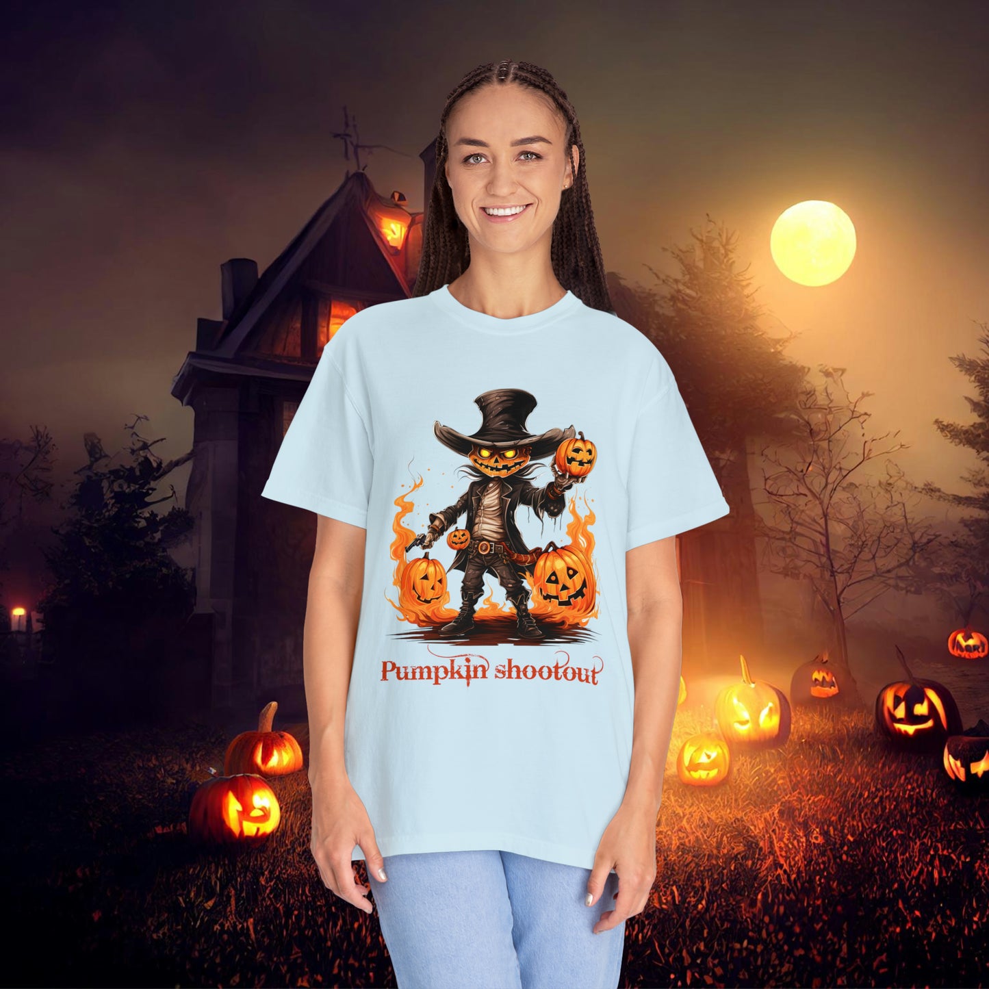 Cowboy Skeleton Gunslinger Pumpkin Shoot Out Halloween Unisex Garment-Dyed T-shirt Gifts for her Gifts for him