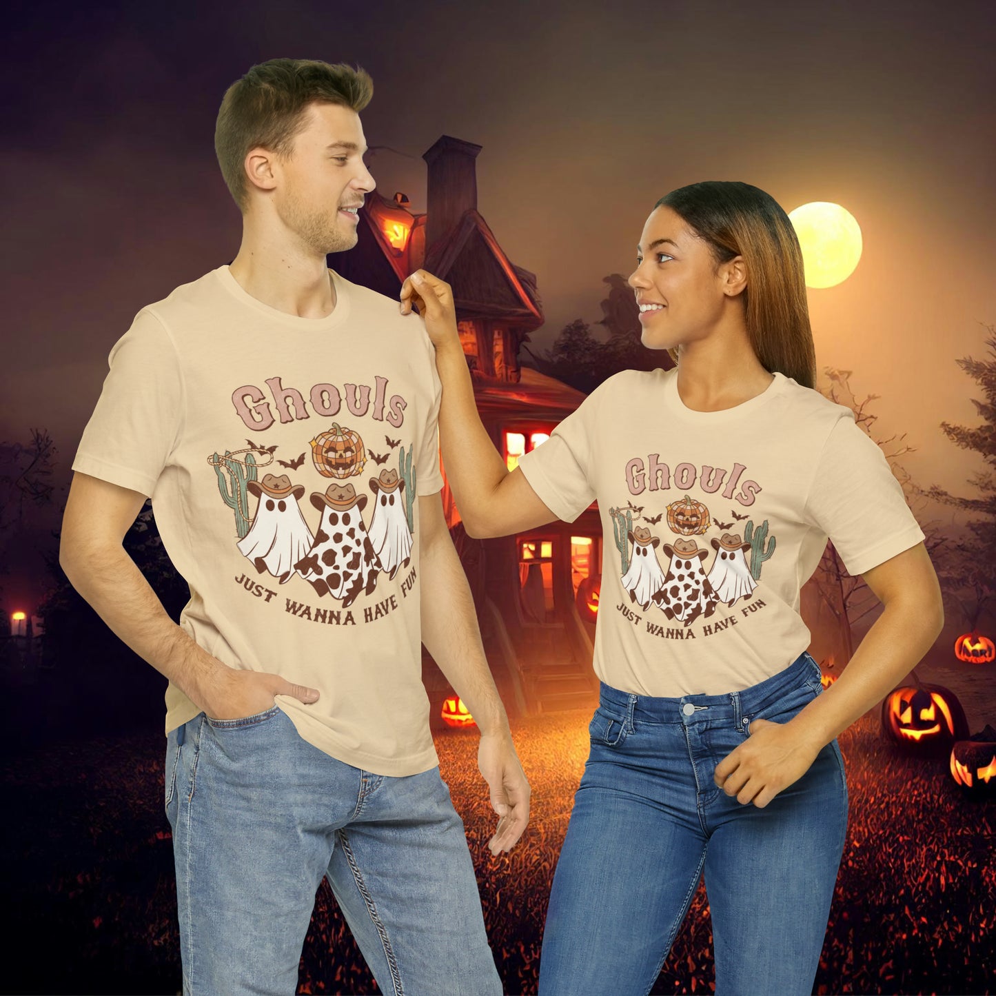 Ghouls Just wanna have fun Cowgirl Ghosts Retro Halloween Unisex Jersey Short Sleeve Tee Gifts for her