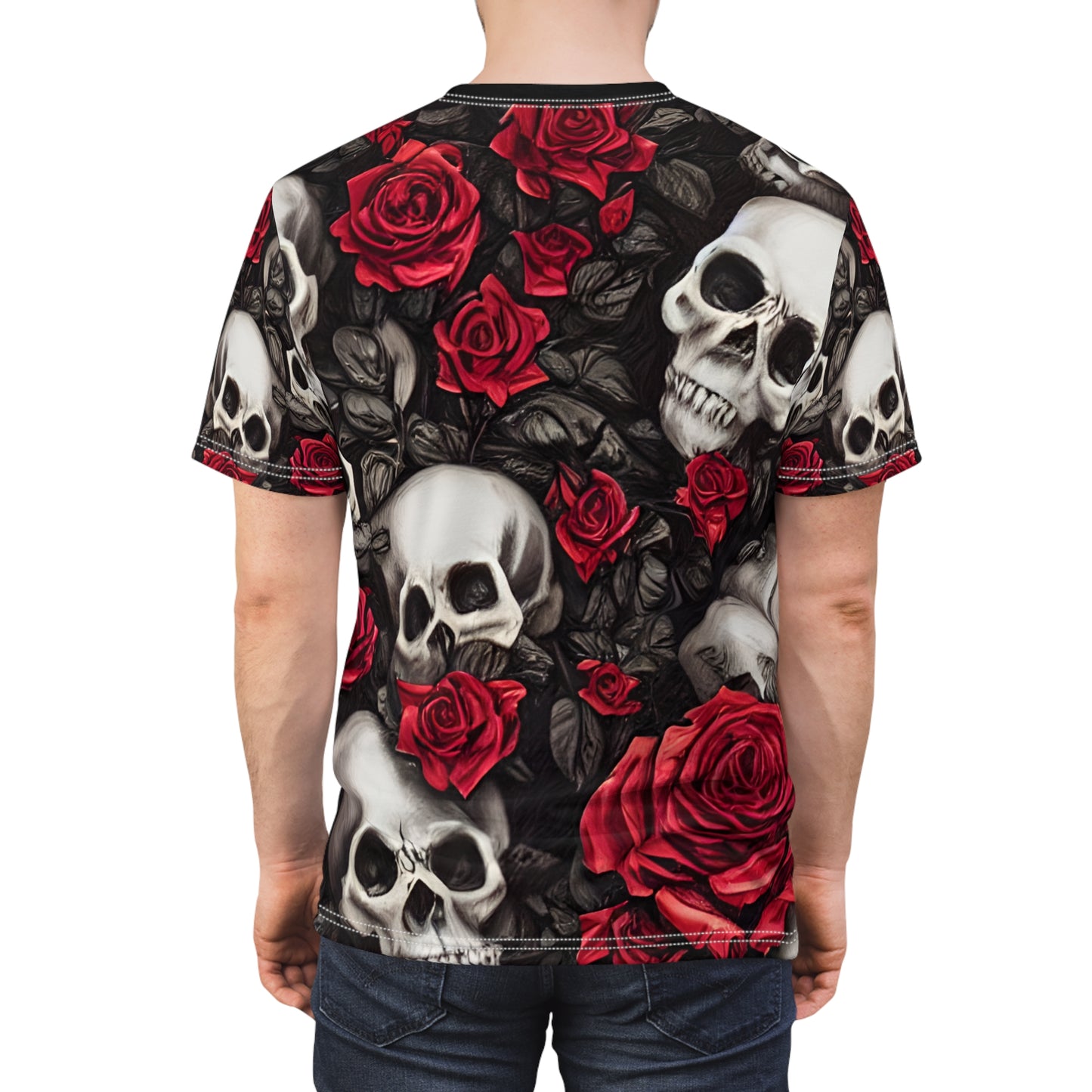 Hyper Realistic Skulls and Red Roses by artist Anne-Laure Goupil Unisex Cut & Sew Tee (AOP)