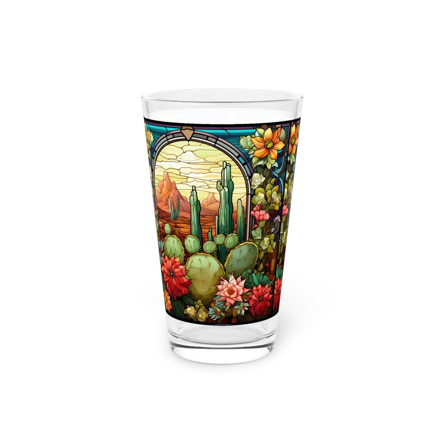 Desert Bloom: A Stained Glass Tribute to Cacti 16oz Pint Glass Gift idea gifts for home decor housewarming gift