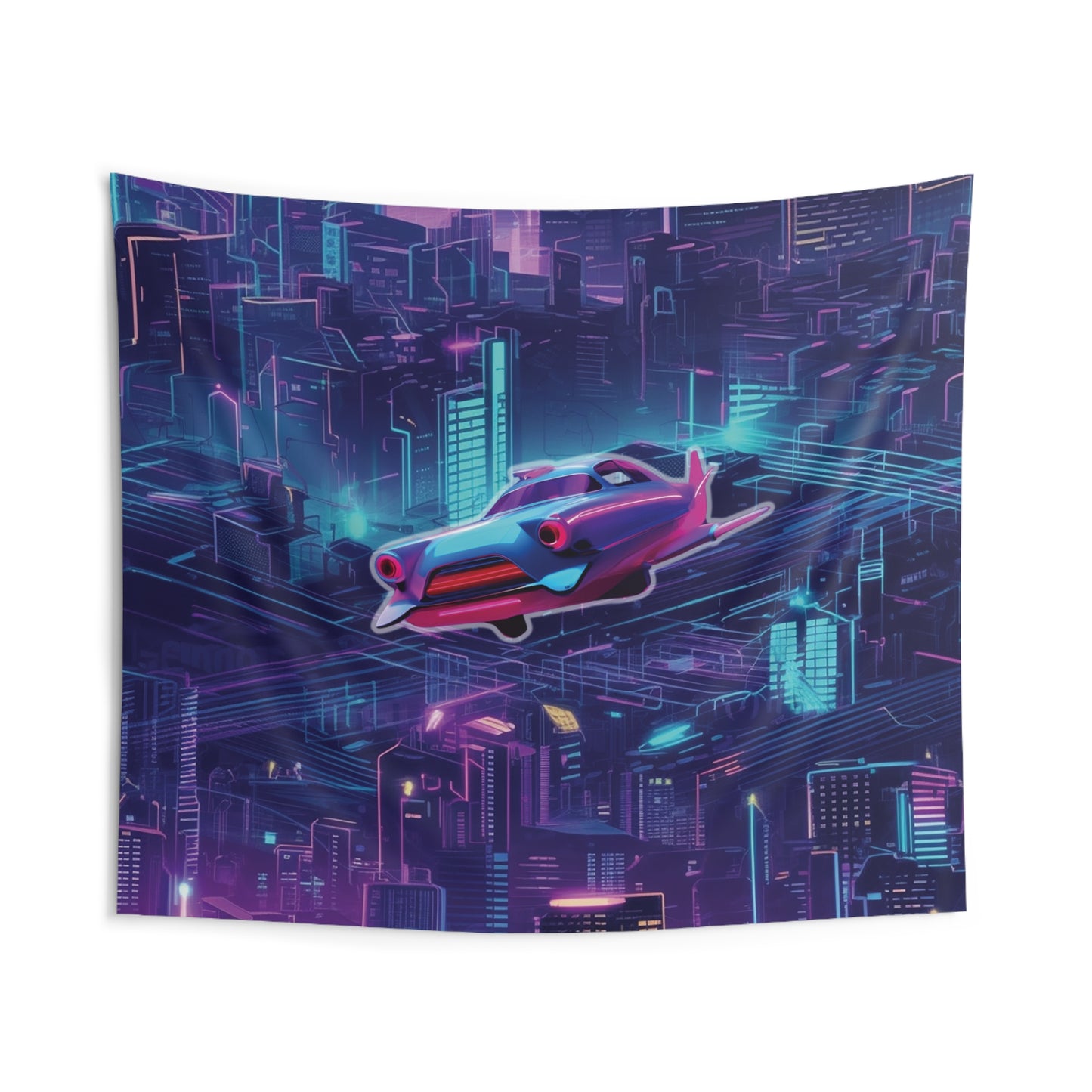 Futuristic Cyberpunk Cityscape Tapestry with Flying Car - Neon Wall Art for Modern Decor