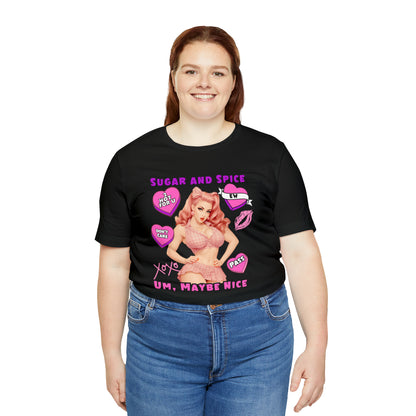 Sarcastic Elegance: Vintage Pink Pinup Girl "Sugar and Spice" on a Bella+Canva 3001 Unisex Jersey T-Shirt - A Must-Have Gift for her
