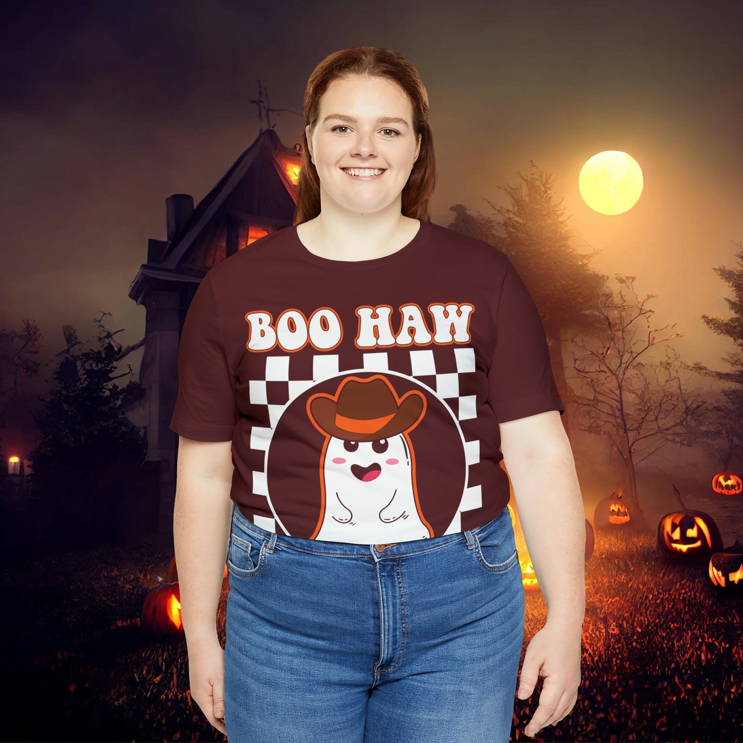 Cute Cowboy Ghost Saying Boo Haw Retro Groovy Western Halloween Unisex Jersey Short Sleeve Tee Gifts for Him Gifts For Her