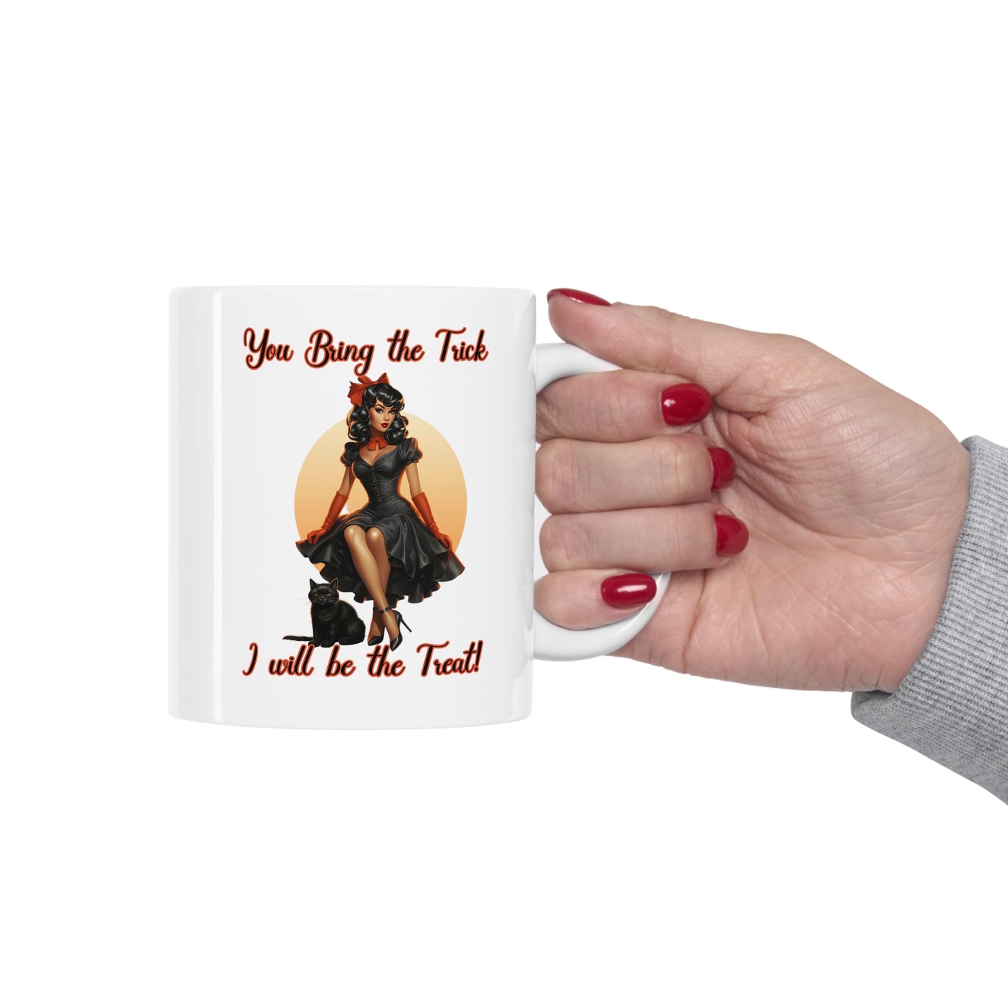 Vintage Pinup Witch: Sip Your Spells in Style "You bring the Trick I will be the Treat" Halloween Ceramic 11oz Mug gifts for her