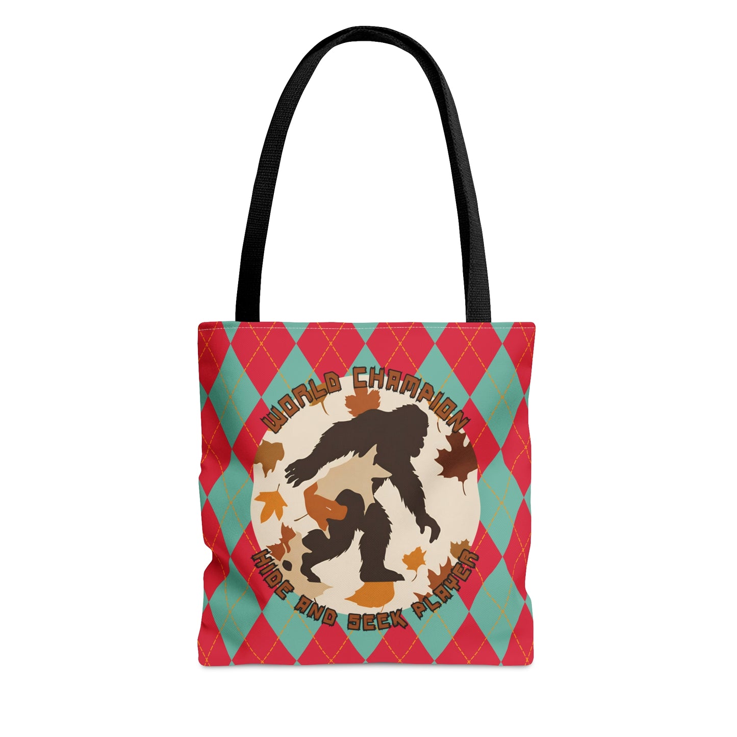 Bigfoot in Fall Leaves Plaid Tote Bag (AOP) - World Champion Hide and Seek Player