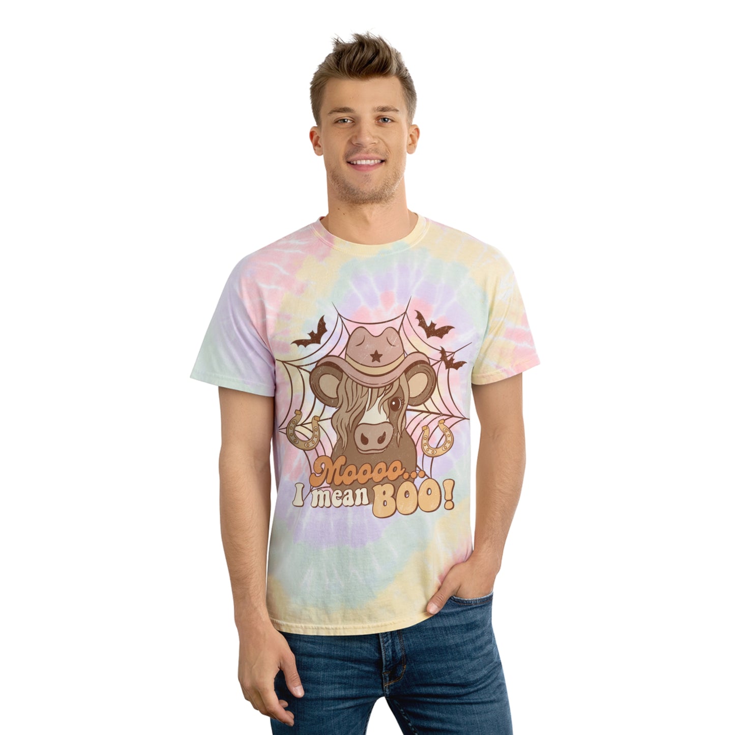 Cow saying moooo I mean boo Western Halloween Retro Tie-Dye Tee, Spiral Gifts for her Gifts for him