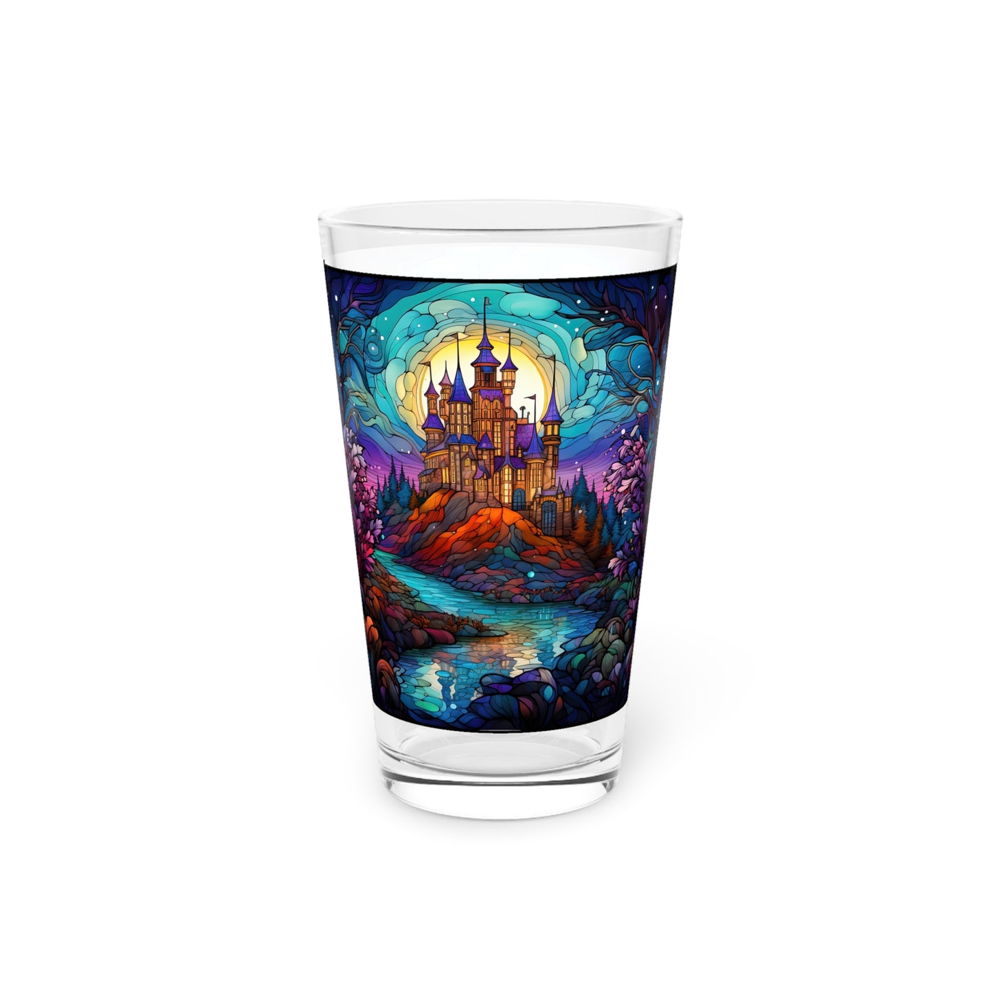 Enchanted Castle by the Creek: A Magical Stained Glass Artwork on a 16oz Pint Glass Gift idea, gifts for home decor, housewarming gift