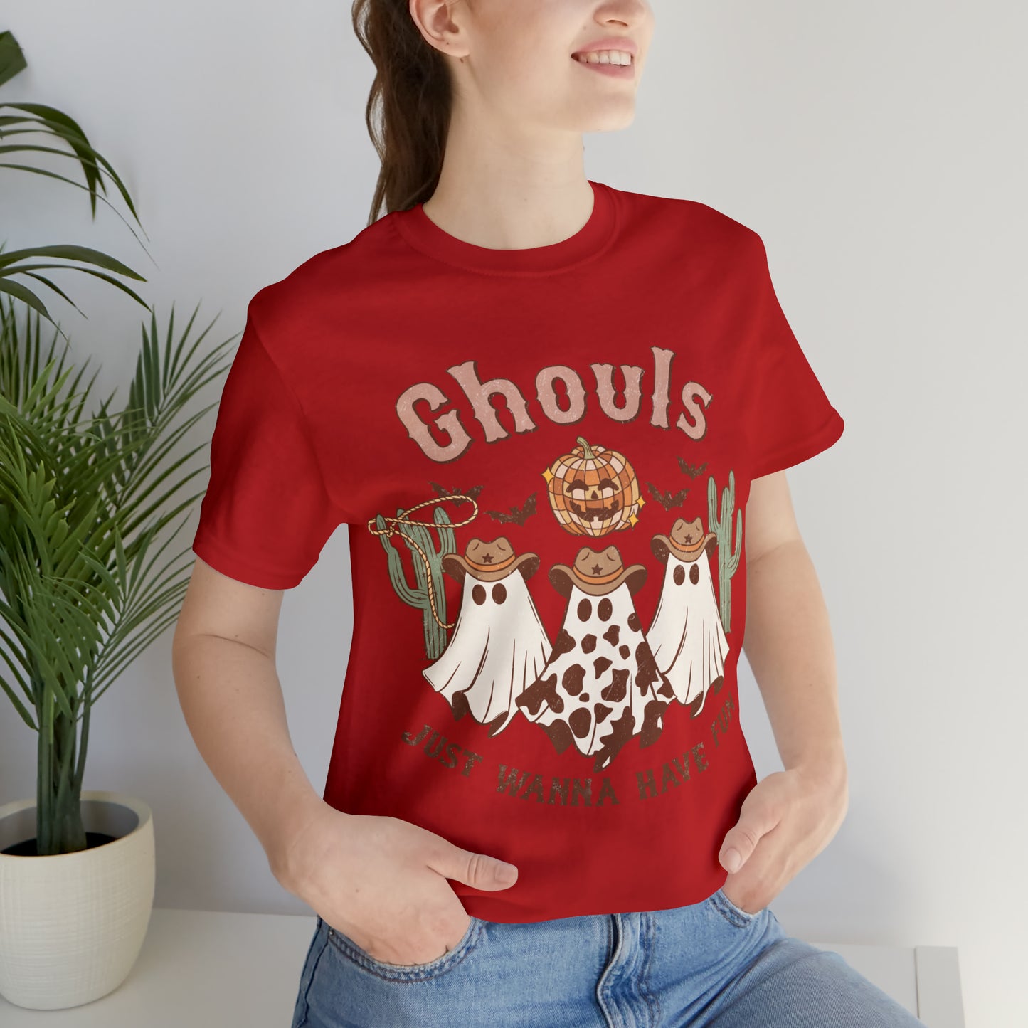 Ghouls Just wanna have fun Cowgirl Ghosts Retro Halloween Unisex Jersey Short Sleeve Tee Gifts for her