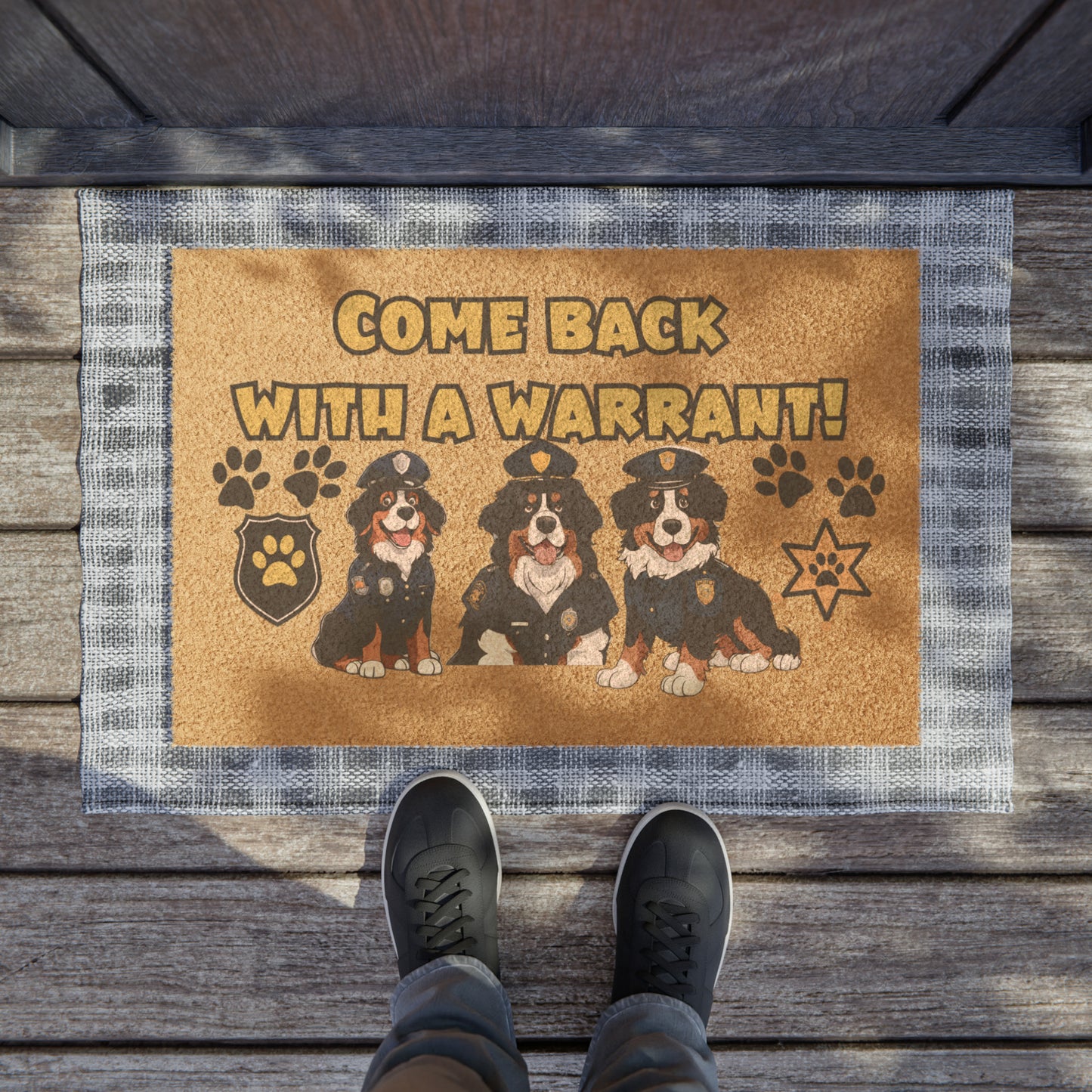 Funny 'Come Back with a Warrant' Bernese Mountain Dog Police Officers  Doormat | 24" x 16" | Outdoor Coir Welcome Mat