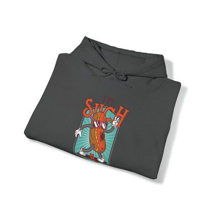 "DirkyThreadz Hot Dog Coolness Hoodie - Quirky Cartoon Design in Bold Blue"