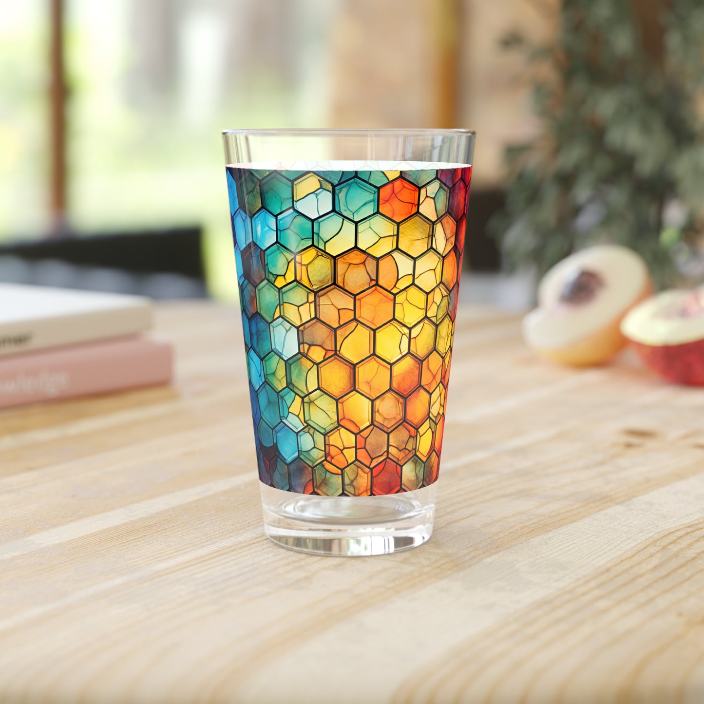 Honeycomb Suprise: A Blue and Yellow Honeycomb Stained Glass Artwork on a 16oz Pint Glass Gift idea gifts for home decor housewarming gift