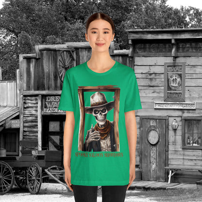 Spooky Saloon Showdown Gunslinging Skeleton Cowboy Halloween Unisex Jersey Short Sleeve Tee