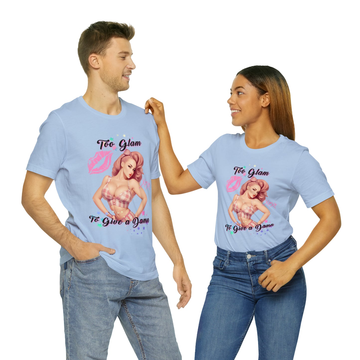 Vintage Pink Pinup Girl "Too Glam To Give a D*mn" on a Bella+Canva 3001 Unisex Jersey T-Shirt - A Must-Have Gift for her