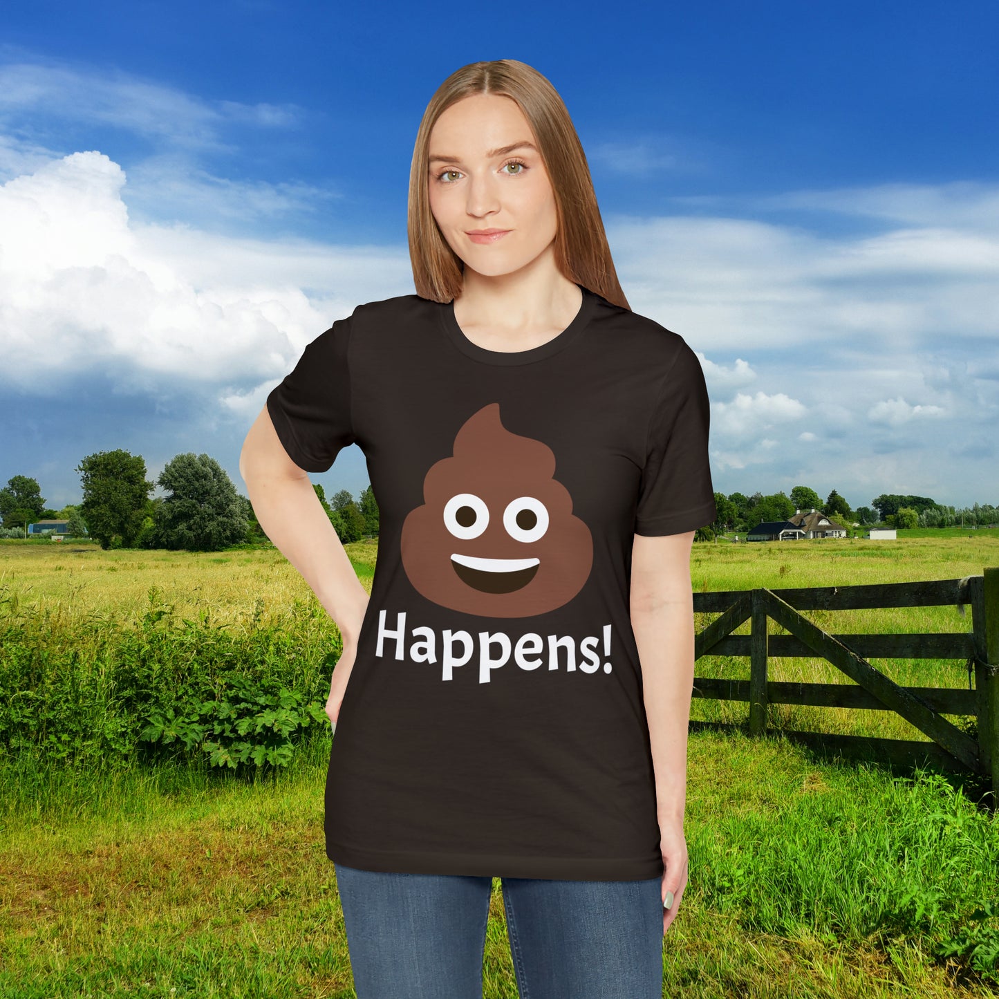 Embrace the Inevitable: 'Happens' Poop Emoji Unisex Jersey T-Shirt