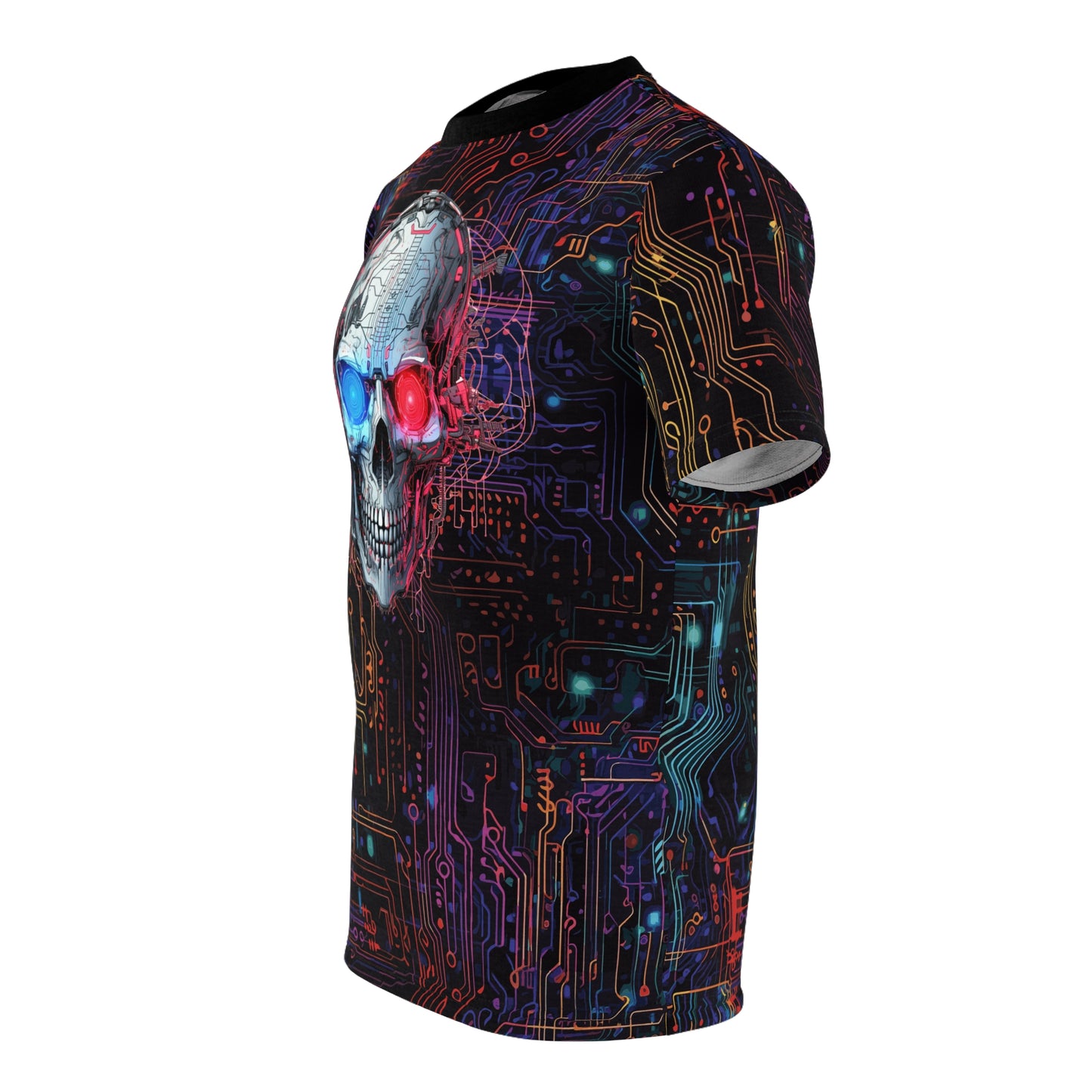 CyberPunk Futuristic Cybernetic Skull With Glowing Blue and Red Eyes breaking through a Neon Circuit Board Unisex Cut & Sew Tee (AOP)