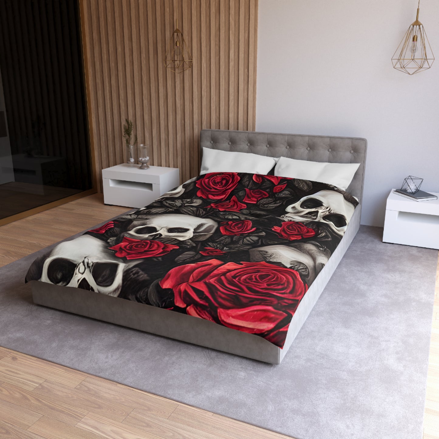 Hyper Realistic Skulls and Red Roses by artist Anne-Laure Goupil Microfiber Duvet Cover