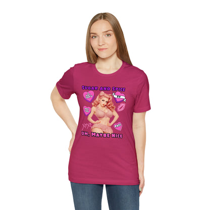 Sarcastic Elegance: Vintage Pink Pinup Girl "Sugar and Spice" on a Bella+Canva 3001 Unisex Jersey T-Shirt - A Must-Have Gift for her