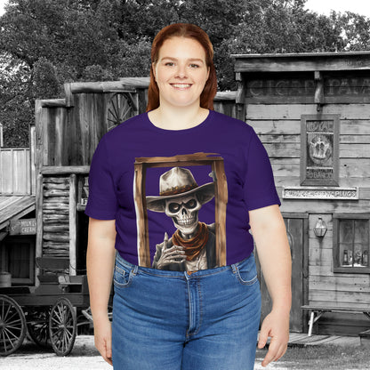 Spooky Saloon Showdown Gunslinging Skeleton Cowboy Halloween Unisex Jersey Short Sleeve Tee