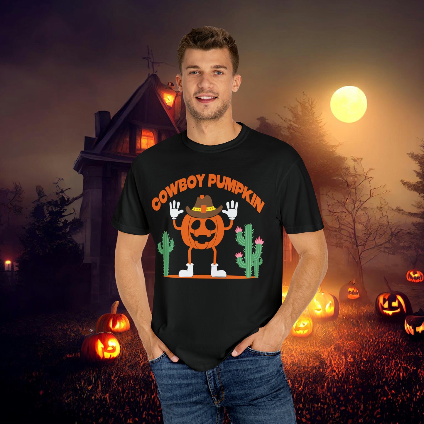 Cowboy Pumpkin Retro Groovy Halloween Unisex Garment-Dyed T-shirt Gifts for Him Gifts for Her