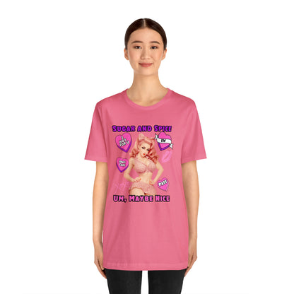 Sarcastic Elegance: Vintage Pink Pinup Girl "Sugar and Spice" on a Bella+Canva 3001 Unisex Jersey T-Shirt - A Must-Have Gift for her