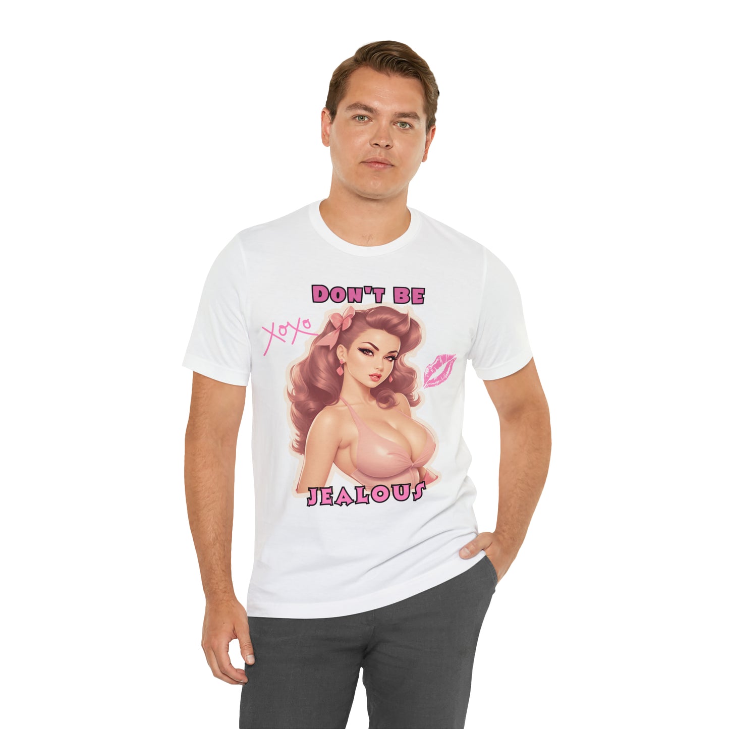 Timeless Elegance: Vintage Pink Pinup Girl "Don't Be Jealous" on a Bella+Canva 3001 Unisex Jersey T-Shirt - A Must-Have Gift for her