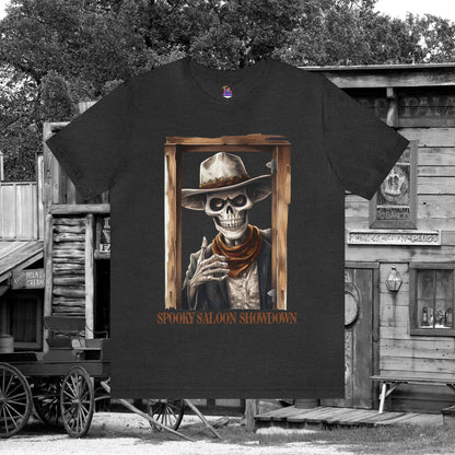 Spooky Saloon Showdown Gunslinging Skeleton Cowboy Halloween Unisex Jersey Short Sleeve Tee