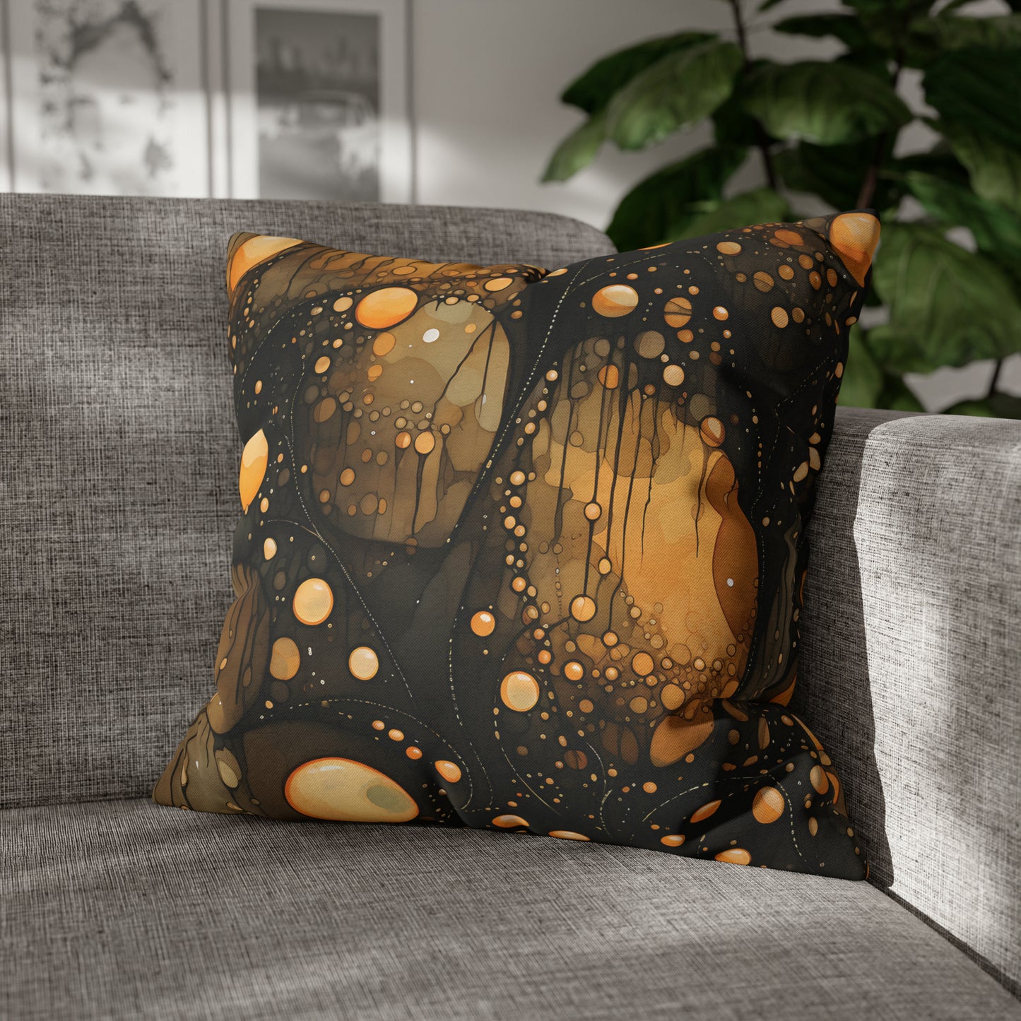 Halloween Yellow Orange Floating Blobs and Dark Spun Polyester Square Pillow Case