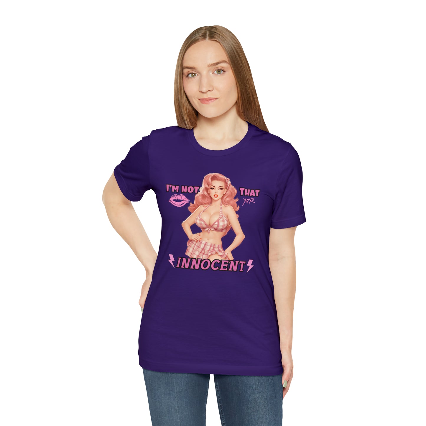 Timeless Elegance: Vintage Pink Pinup Girl "I'm not that Innocent on a Bella+Canva 3001 Unisex Jersey T-Shirt - A Must-Have Gift for her