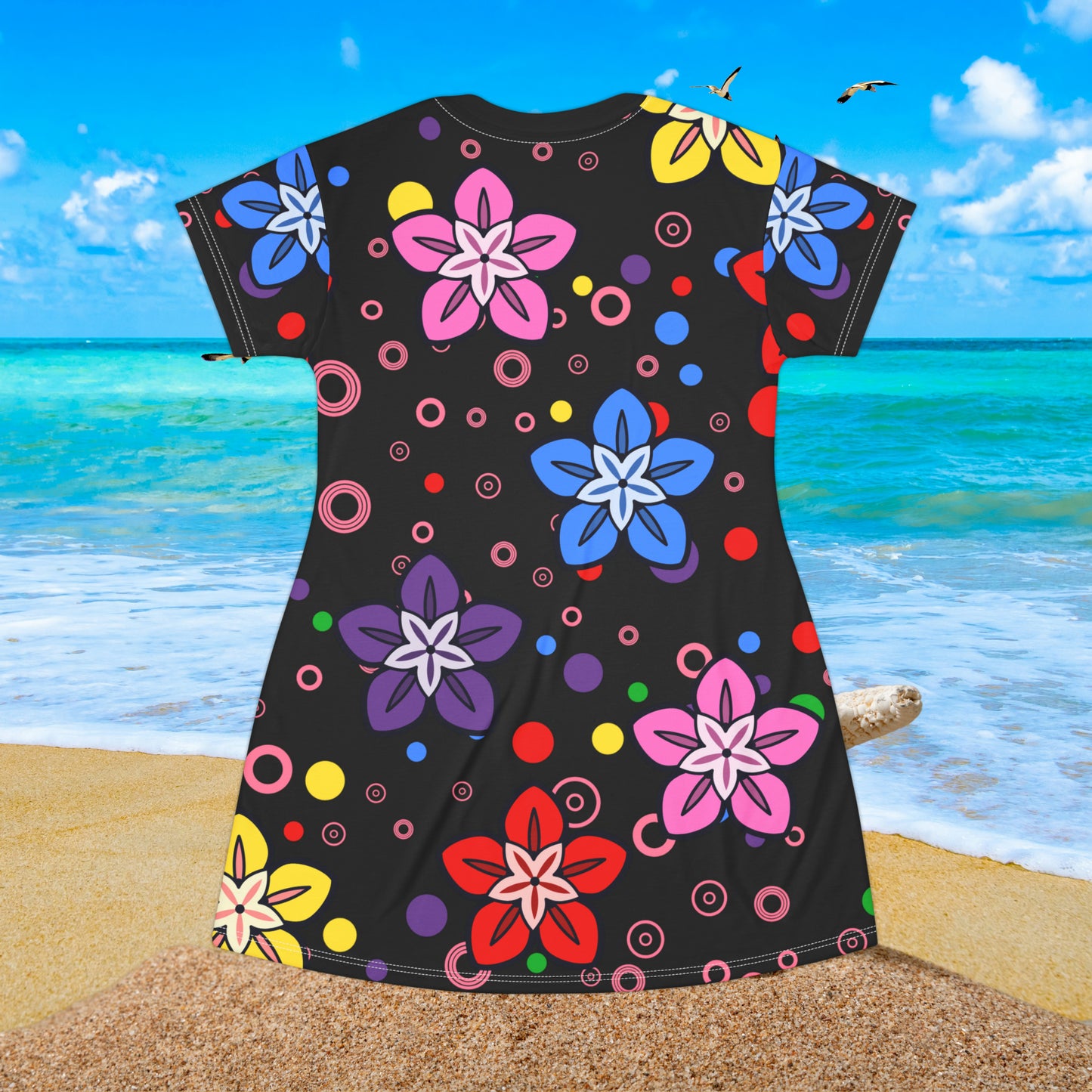 Retro Colorful Flowers Feeling Groovy All Over  T-Shirt Dress (AOP)