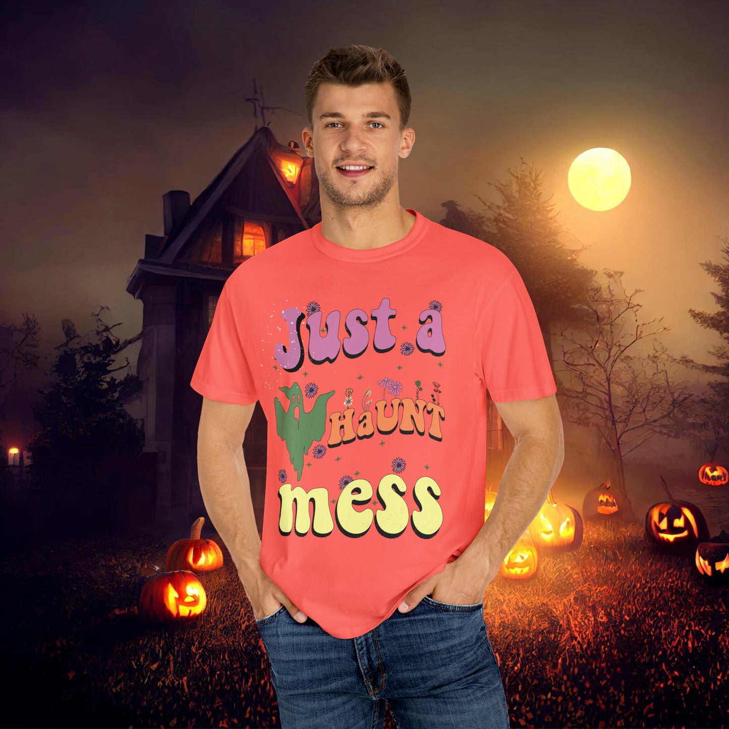 Just a Haunt Mess Retro Halloween Unisex Garment-Dyed T-shirt Gifts for Her Gifts for him