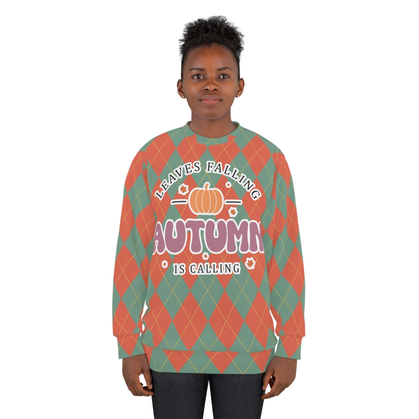 Vintage Green and Orange Rhombus pattern Fall Unisex Sweatshirt (AOP) - Embrace Autumn's Beauty in Style