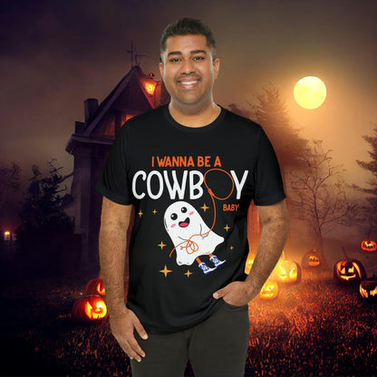 Little Ghost Saying I wanna be a cowboy baby Retro Groovy Western Halloween Unisex Jersey Short Sleeve Tee Gifts for Him Gifts for her.
